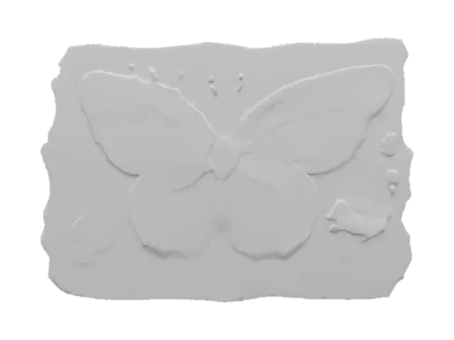 3D model for A colorful botanical stone relief butterfly with summer bright botanical nature scenes, Etched, stained glass, luminous, Carved, Polished, Highly Detailed, Ultra Realistic the inside is light and luminous and colorful all the way around, magical, fairy dust, illuminated, lit, radiant