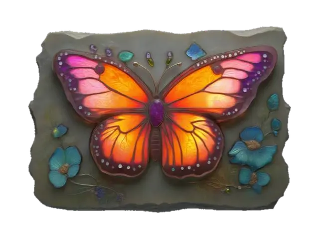 3D model for A colorful botanical stone relief butterfly with summer bright botanical nature scenes, Etched, stained glass, luminous, Carved, Polished, Highly Detailed, Ultra Realistic the inside is light and luminous and colorful all the way around, magical, fairy dust, illuminated, lit, radiant