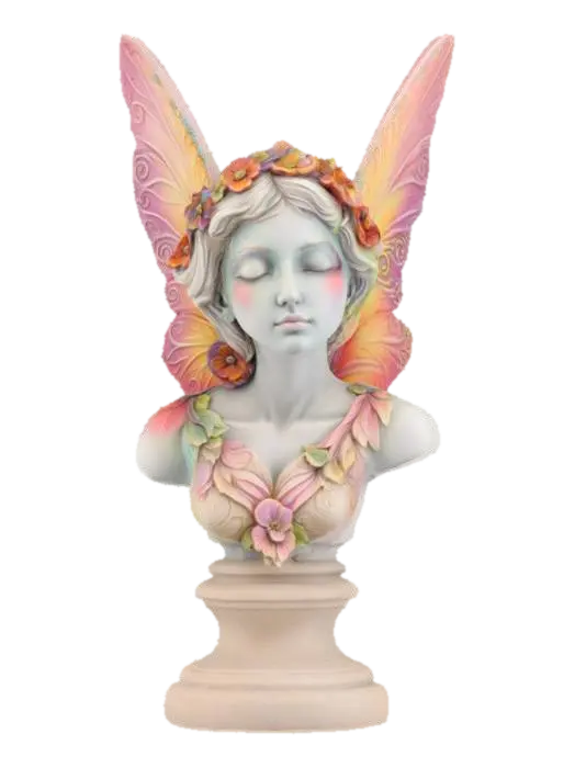 3D model for Fairy stone bust fantasy ornate flowers and ornate wings, colorful, Hand Painted, Carved, Polished, Highly Detailed, 