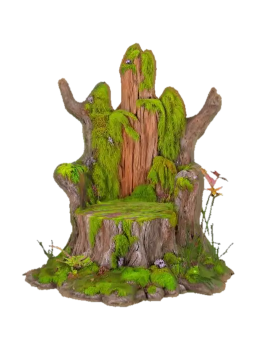 tree stump with a throne carved into so that a person could sit on it, Fantasy, Hand… - Mossy 3D model, vytvořený pomocí AI