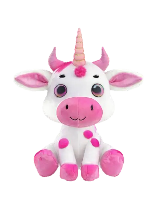 pink spotted cow with unicorn horn, Symmetrical Body, Sitting, plushie, toy, soft,… 3D model, vytvořený pomocí AI