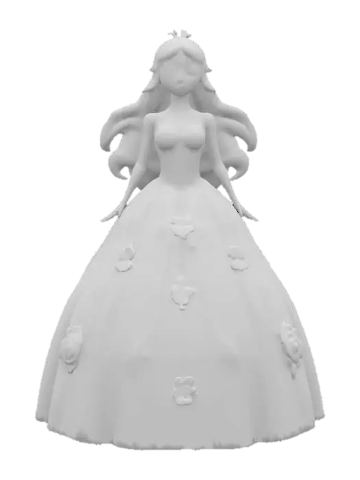 3D model for Pretty lady with her hair long and flowing wearing a ball gown that has 3D puffy flowers all over it, Fantasy, Pixar Style, Highly Detailed, Symmetrical Body, A-pose, Full Body