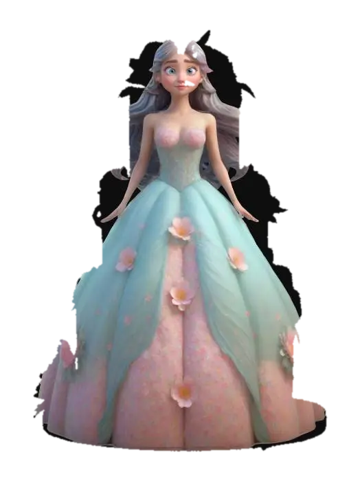 3D model for Pretty lady with her hair long and flowing wearing a ball gown that has 3D puffy flowers all over it, Fantasy, Pixar Style, Highly Detailed, Symmetrical Body, A-pose, Full Body
