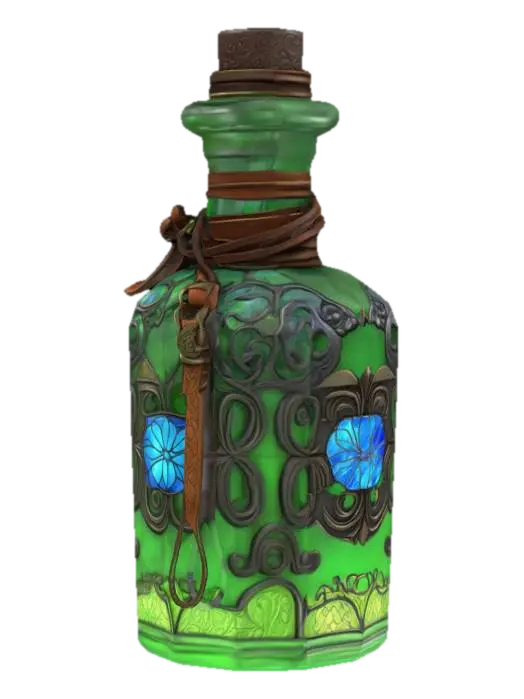 A detailed ornate potion bottle wrapped in leather straps, Game Assets, Fantasy, Stained… 3D model, AI generated
