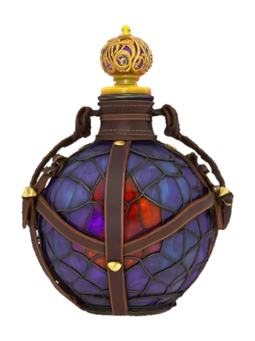 A detailed ornate potion bottle wrapped in leather straps, Game Assets, Fantasy, Stained… 3D model, AI generated