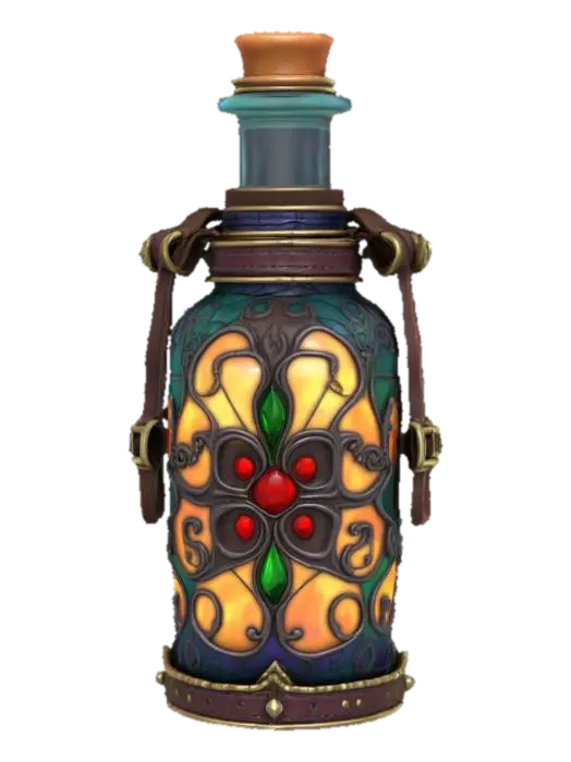 A detailed ornate potion bottle wrapped in leather straps, Game Assets, Fantasy, Stained… 3D model, AI generated