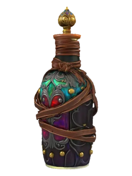 A detailed ornate potion bottle wrapped in leather straps, Game Assets, Fantasy, Stained… 3D model, AI generated