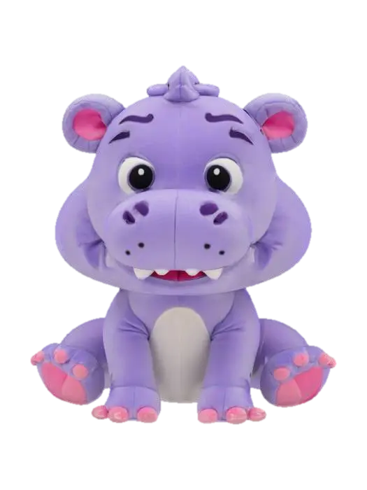 plushie soft cartoon hippo, Pixar Style, Fabric, Symmetrical Body, Portrait, Sitting - Stuffed 3D model, vytvořený pomocí AI