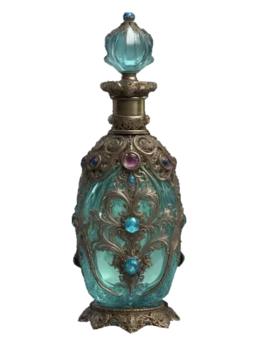 Ornate polished silver Victorian perfume bottle, Fantasy, Gemstone, Highly… 3D model, vytvořený pomocí AI