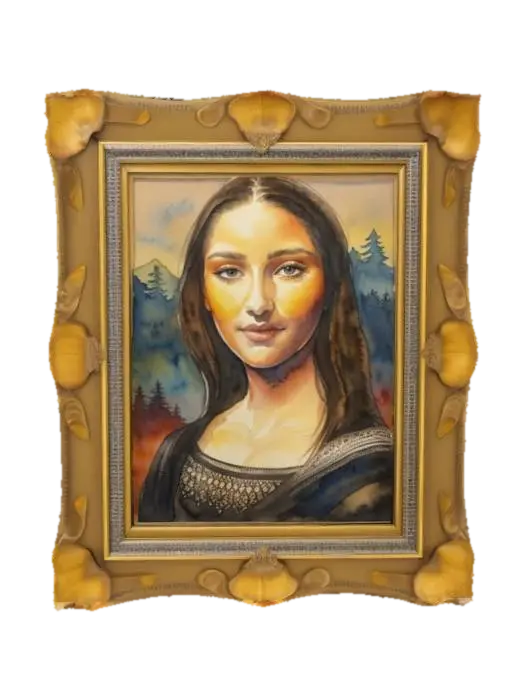 framed picture of the mona Lisa, Highly Detailed, Ultra Realistic, 3D model, vytvořený pomocí AI