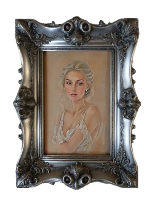 Ornate polished gold picture frame with painting of a landscape. The back should be… 3D model, vytvořený pomocí AI