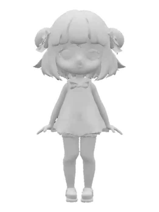 3D model for Cute Chibi girl wearing a soft pastel flower print dress and stocking tights with stripes on them. She has pale yellow hair. Her bows are pale pink and her shoes are pale blue. Clear clean bold deep lines, Highly Detailed, Ultra Realistic, Symmetrical Body, Full Body