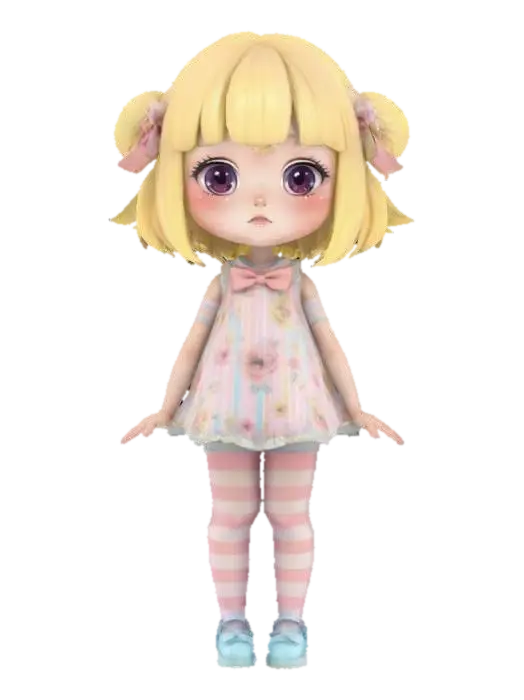 3D model for Cute Chibi girl wearing a soft pastel flower print dress and stocking tights with stripes on them. She has pale yellow hair. Her bows are pale pink and her shoes are pale blue. Clear clean bold deep lines, Highly Detailed, Ultra Realistic, Symmetrical Body, Full Body