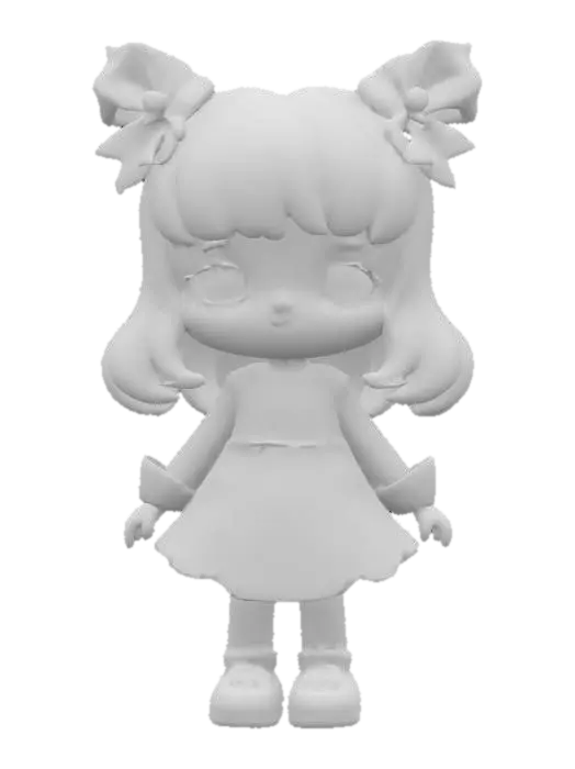 3D model for Cute Chibi girl wearing a soft pastel flower print dress and stocking tights with stripes on them. She has pale yellow hair. Her bows are pale pink and her shoes are pale blue. Clear clean bold deep lines, Highly Detailed, Ultra Realistic, Symmetrical Body, Full Body