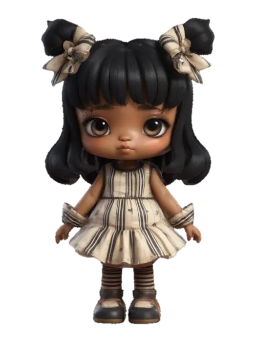 3D model for Cute Chibi girl wearing a soft pastel flower print dress and stocking tights with stripes on them. She has pale yellow hair. Her bows are pale pink and her shoes are pale blue. Clear clean bold deep lines, Highly Detailed, Ultra Realistic, Symmetrical Body, Full Body