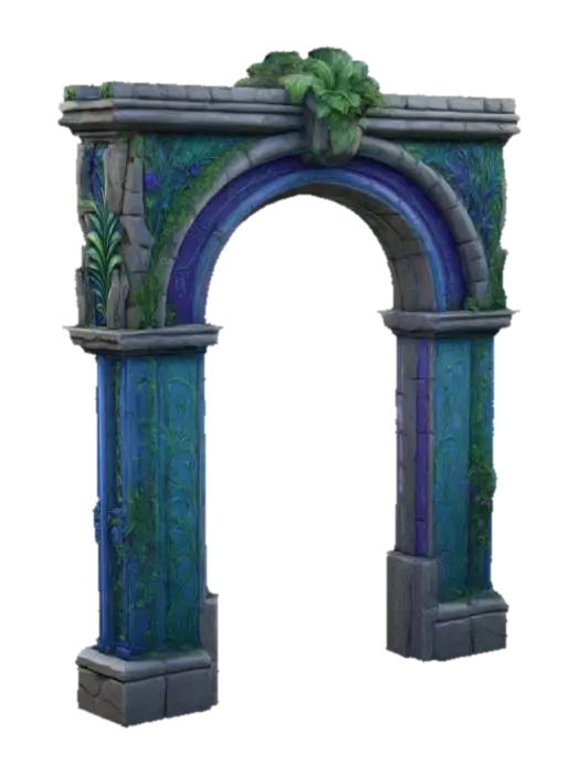 3D model for Botanical Arch, archway, Game Assets, Wood, Stone, Highly Detailed, Ultra Realistic, Carved, hand painted, bold deep lines and edges. 