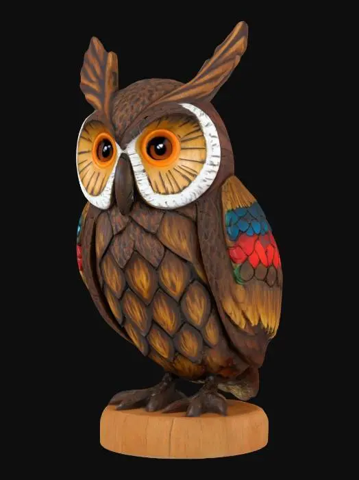 3D model for a decorative owl that is made from a pine cone, Hand Painted, Wood, Carved, Highly Detailed, steampunk