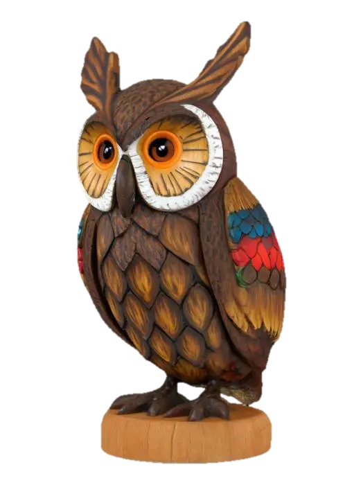 3D model for a decorative owl that is made from a pine cone, Hand Painted, Wood, Carved, Highly Detailed, steampunk