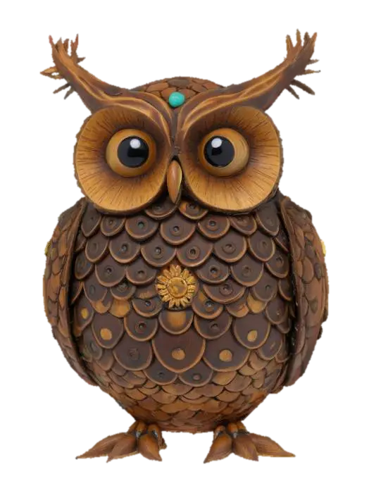 3D model for a decorative owl that is made from a pine cone, Hand Painted, Wood, Carved, Highly Detailed, steampunk