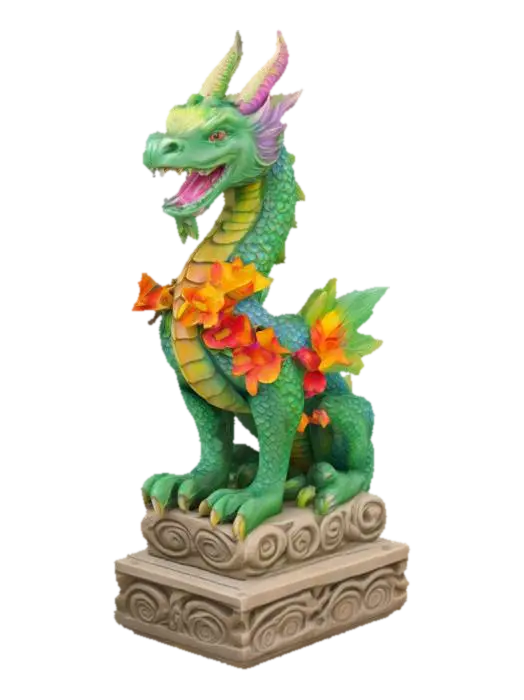 Botanical dragon stone statue on a carved stone base. This statue is hand painted in vivid… 3D model, AI generated