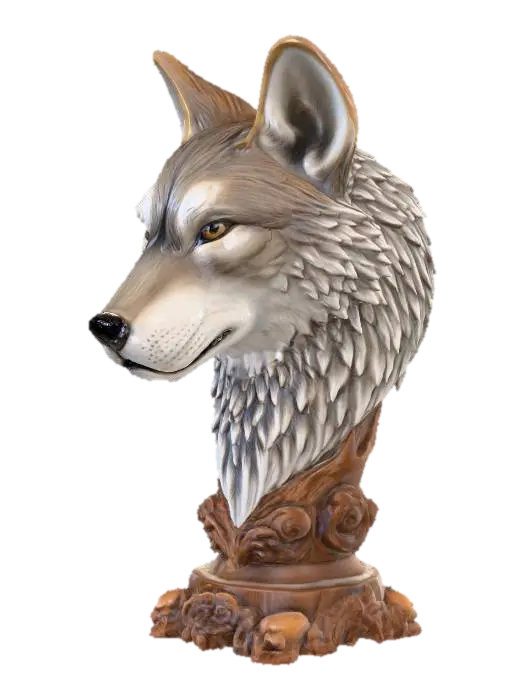 Hand painted glossy porcelain wild wolf head bust on a carved ornate wooden base 3D model, AI generated