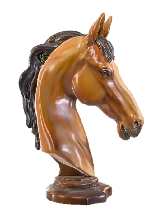 3D model for Hand painted glossy porcelain wild horse head bust on a wooden base