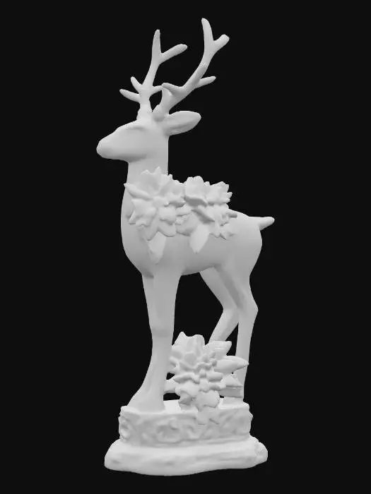 3D model for Porcelain reindeer with pale pink hand painted poinsettias on it's body. This figurine should be on an ornate base. 
