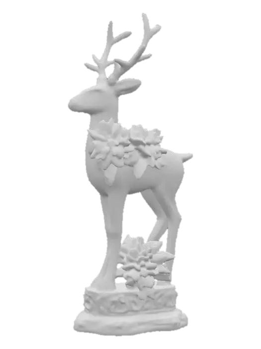 3D model for Porcelain reindeer with pale pink hand painted poinsettias on it's body. This figurine should be on an ornate base. 