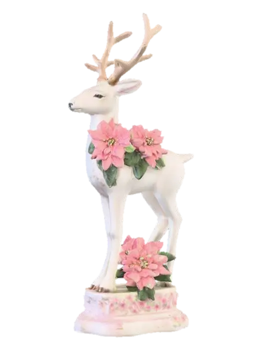3D model for Porcelain reindeer with pale pink hand painted poinsettias on it's body. This figurine should be on an ornate base. 