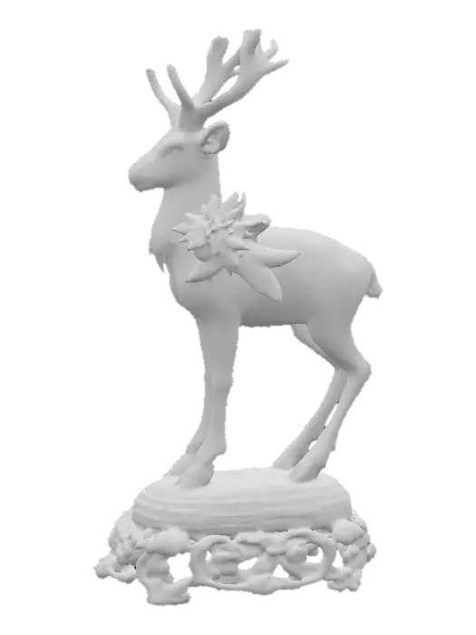 3D model for Porcelain reindeer with pale pink hand painted poinsettias on it's body. This figurine should be on an ornate base. 