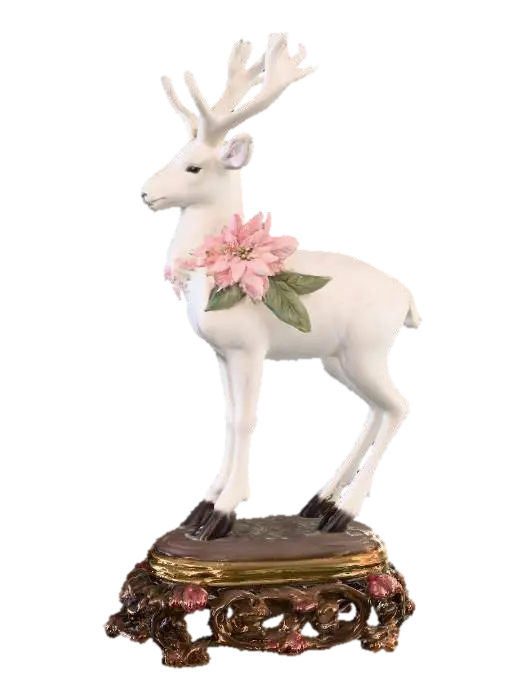 3D model for Porcelain reindeer with pale pink hand painted poinsettias on it's body. This figurine should be on an ornate base. 
