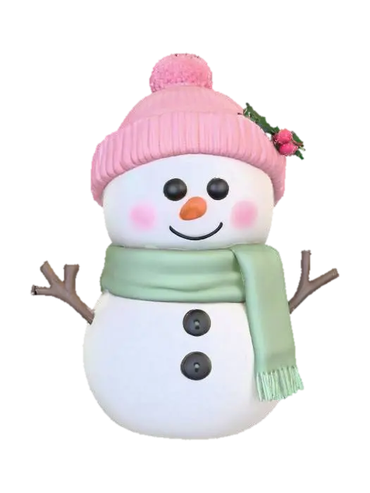 3D model for A cute Chibi style Christmas snowman wearing pale green and pale pink scarf and hat