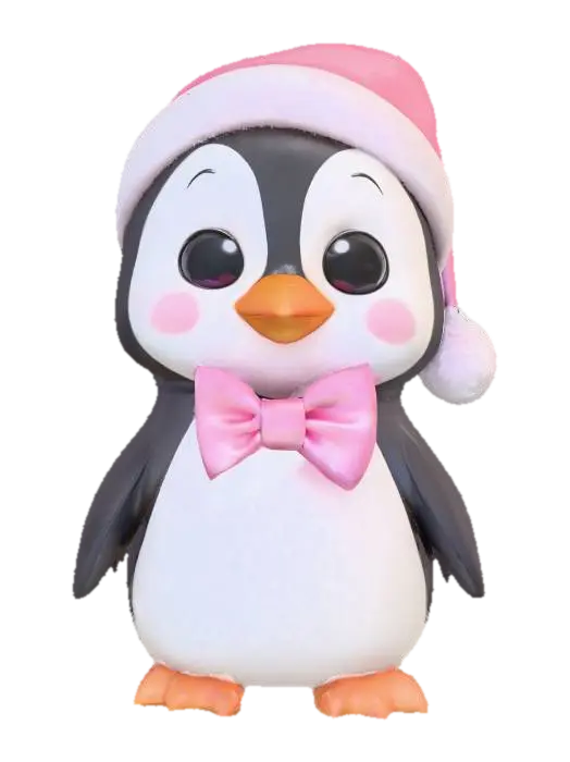 Cute chibi style pinguin with a pale pink santa hat and a pastel bow tie. All in… - Penguin 3D model, vytvořený pomocí AI