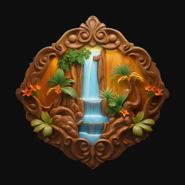 3D model for wooden polished carved emblem with a luminous waterfall and tropical trees and plant. The waterfall and trees and plants are hand painted while the rest of the wood is left plain and unpainted and natural, Wood, Carved, Polished, Highly Detailed, Ultra Realistic, , #emblem#