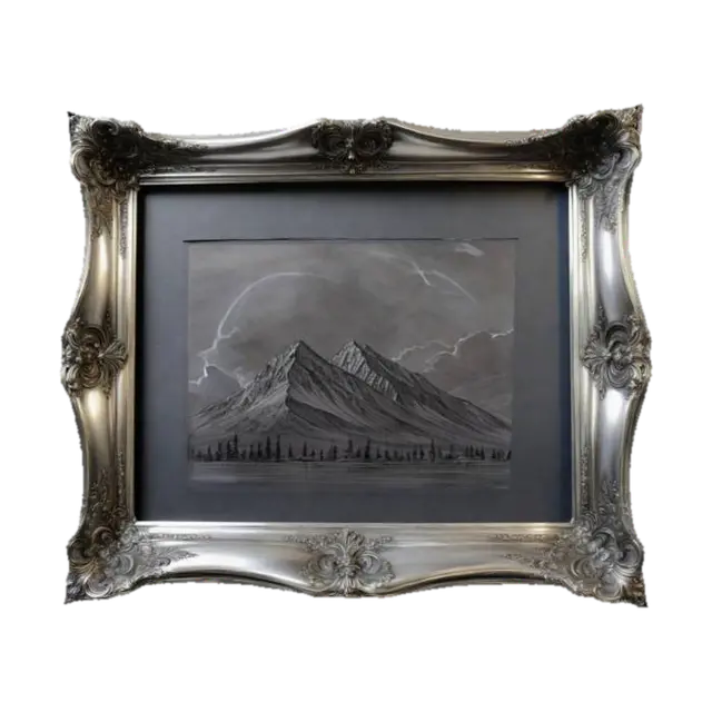 Ornate polished gold picture frame with painting of a landscape. The back should be… 3D model, vytvořený pomocí AI