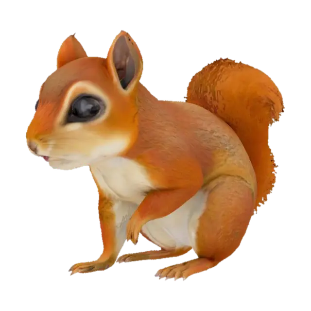 A small, incredibly cute squirrel sits with its bushy tail curled over its back,… 3D model, vytvořený pomocí AI