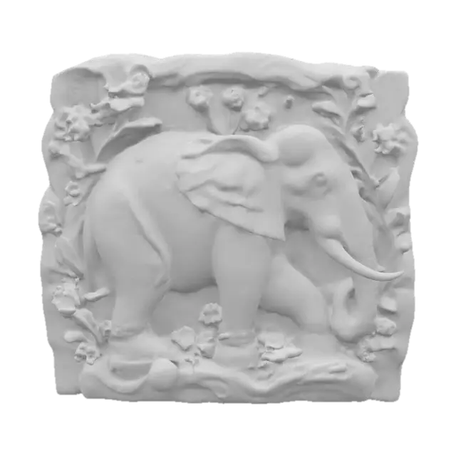 3D model for botanical stone relief statue of a elephant, Carved, hand painted in vibrant summer botanical colors and scenes