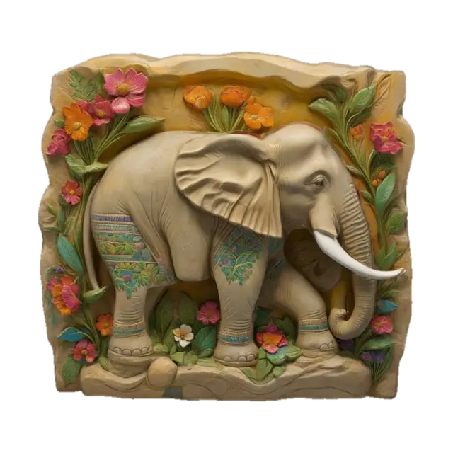 3D model for botanical stone relief statue of a elephant, Carved, hand painted in vibrant summer botanical colors and scenes
