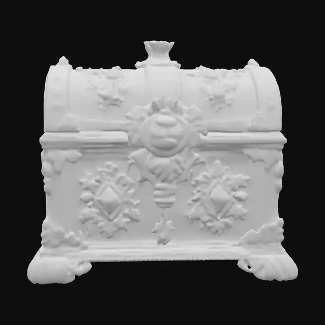 3D model for wooden chest, game asset, gemstones, detailed, ornate