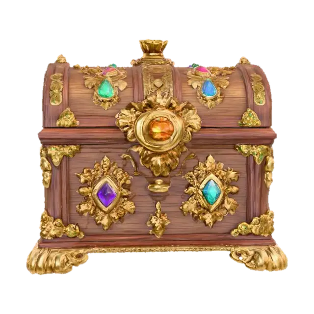 3D model for wooden chest, game asset, gemstones, detailed, ornate