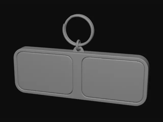 3D model for Create a realistic 3D printable keychain design. Rectangular horizontal shape with rounded corners. The front face contains the Turkish flag on the left and the Tunisian flag on the right, separated by a thin vertical line. Both flags are embossed (raised) for easy two-color 3D printing. Clean vector-style geometry, no textures, no shadows, no text, no background details. Designed specifically for FDM 3D printing with 2 mm raised elements and smooth edges. Keyring hole integrated on the left side. Symmetrical layout, professional souvenir keychain, CAD render, front view, white background.