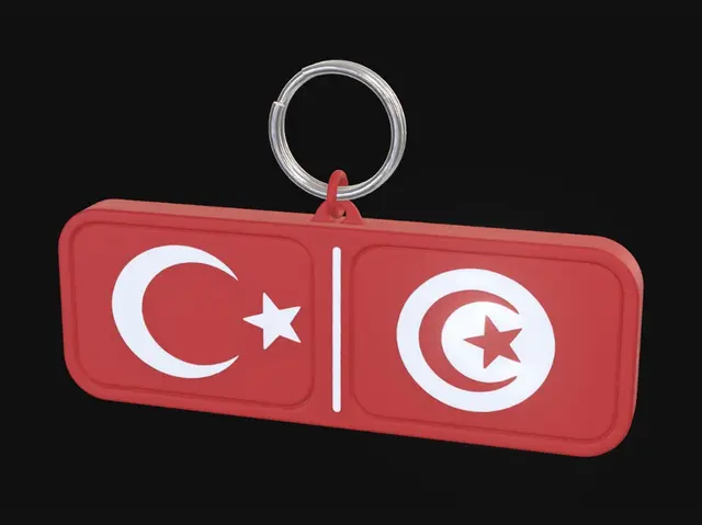 3D model for Create a realistic 3D printable keychain design. Rectangular horizontal shape with rounded corners. The front face contains the Turkish flag on the left and the Tunisian flag on the right, separated by a thin vertical line. Both flags are embossed (raised) for easy two-color 3D printing. Clean vector-style geometry, no textures, no shadows, no text, no background details. Designed specifically for FDM 3D printing with 2 mm raised elements and smooth edges. Keyring hole integrated on the left side. Symmetrical layout, professional souvenir keychain, CAD render, front view, white background.