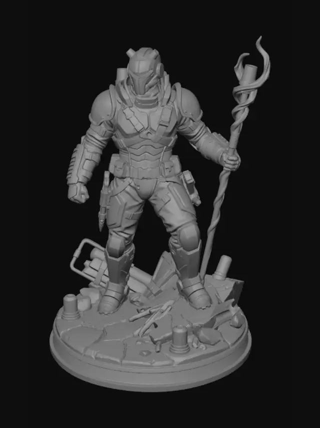 3D model for A 3D printable dark fantasy tournament fighter called The Emergency Contact. A mysterious warrior who appears whenever disaster strikes. Wearing battle-damaged rescue gear mixed with ancient armor, featuring a distinctive armored emergency-response helmet with glowing eyes and warning lights built into the armor. Carrying a twisted beacon staff and emergency equipment transformed into weapons. Heavy red and black armor with reinforced gauntlets, utility straps, and survival gear. Standing on a scenic base of cracked stone, debris, broken equipment, and scattered emergency beacons. Strong silhouette, collectible statue, dramatic pose, highly detailed but printable. No text, signs, banners, nameplates, writing, halos, or floating effects. Colors: red, black, gunmetal, silver, and orange.
