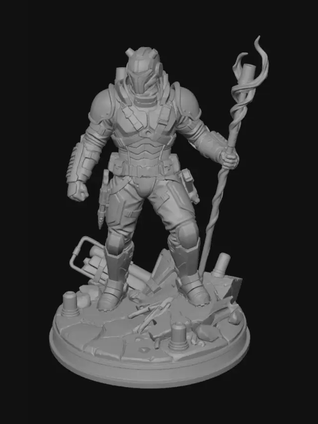 3D model for A 3D printable dark fantasy tournament fighter called The Emergency Contact. A mysterious warrior who appears whenever disaster strikes. Wearing battle-damaged rescue gear mixed with ancient armor, featuring a distinctive armored emergency-response helmet with glowing eyes and warning lights built into the armor. Carrying a twisted beacon staff and emergency equipment transformed into weapons. Heavy red and black armor with reinforced gauntlets, utility straps, and survival gear. Standing on a scenic base of cracked stone, debris, broken equipment, and scattered emergency beacons. Strong silhouette, collectible statue, dramatic pose, highly detailed but printable. No text, signs, banners, nameplates, writing, halos, or floating effects. Colors: red, black, gunmetal, silver, and orange.