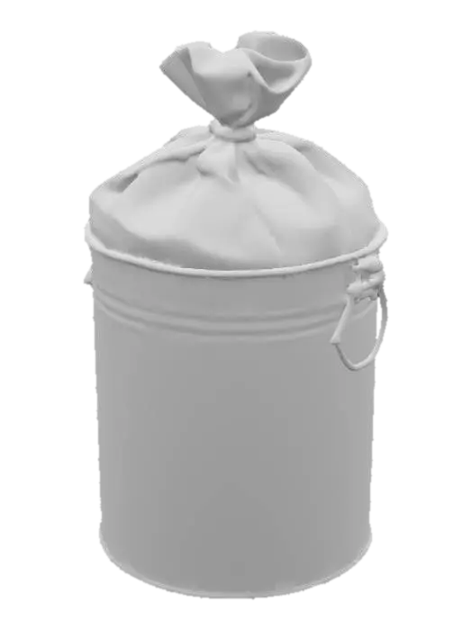 3D model for A small round metal trash bin, about 40cm tall. Surface slightly scratched, with faint dirt near the bottom. A half-full thin black garbage bag peeks from the top. Early 2000s cheap restroom accessory. Realistic PBR textures, simple geometry, game ready.
