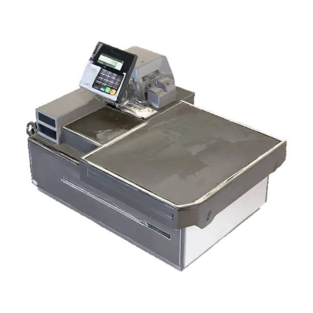 “Checkout counter with short belt conveyor, side bagging area, laminate top,… - Commercial 3D model, vytvořený pomocí AI