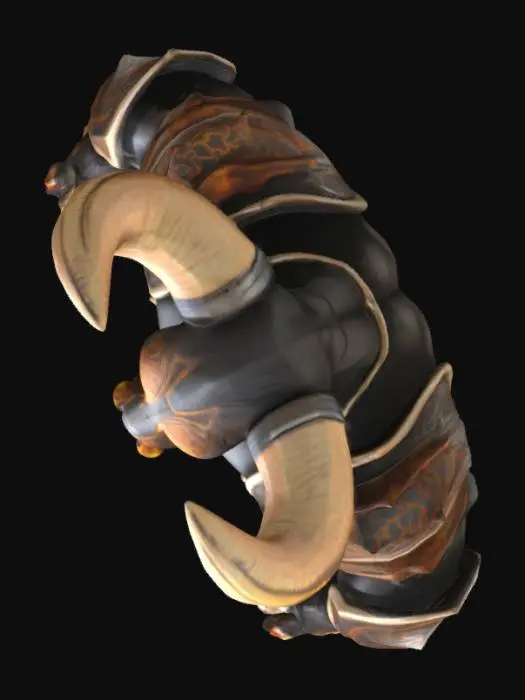 3D model for Futuristic battle armor inspired by the Indian Gaur (bison), in T-pose. Muscular humanoid form with bulky chest armor shaped like a Gaur's hump and neck. Curved horn-like shoulder plates, gauntlets with hoof-like detailing, and reinforced mechanical boots. Matte black and bronze plating with subtle tribal engravings. Glowing amber energy lines running along the spine, forearms, and calves. Full helmet shaped like a stylized Gaur head with narrow red visor eyes. Designed for a sci-fi warrior in a battle royale game. T-pose, arms straight out horizontally, feet shoulder-width apart, neutral expression."