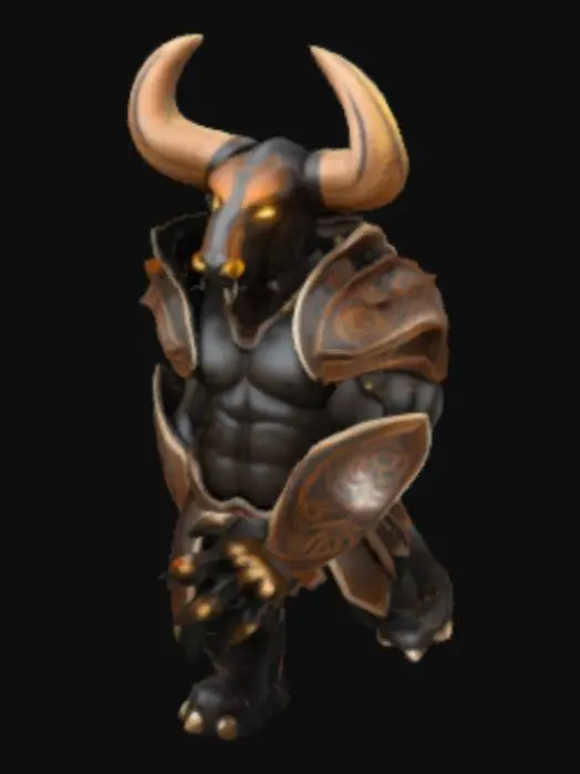 3D model for Futuristic battle armor inspired by the Indian Gaur (bison), in T-pose. Muscular humanoid form with bulky chest armor shaped like a Gaur's hump and neck. Curved horn-like shoulder plates, gauntlets with hoof-like detailing, and reinforced mechanical boots. Matte black and bronze plating with subtle tribal engravings. Glowing amber energy lines running along the spine, forearms, and calves. Full helmet shaped like a stylized Gaur head with narrow red visor eyes. Designed for a sci-fi warrior in a battle royale game. T-pose, arms straight out horizontally, feet shoulder-width apart, neutral expression."