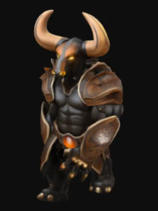 3D model for Futuristic battle armor inspired by the Indian Gaur (bison), in T-pose. Muscular humanoid form with bulky chest armor shaped like a Gaur's hump and neck. Curved horn-like shoulder plates, gauntlets with hoof-like detailing, and reinforced mechanical boots. Matte black and bronze plating with subtle tribal engravings. Glowing amber energy lines running along the spine, forearms, and calves. Full helmet shaped like a stylized Gaur head with narrow red visor eyes. Designed for a sci-fi warrior in a battle royale game. T-pose, arms straight out horizontally, feet shoulder-width apart, neutral expression."