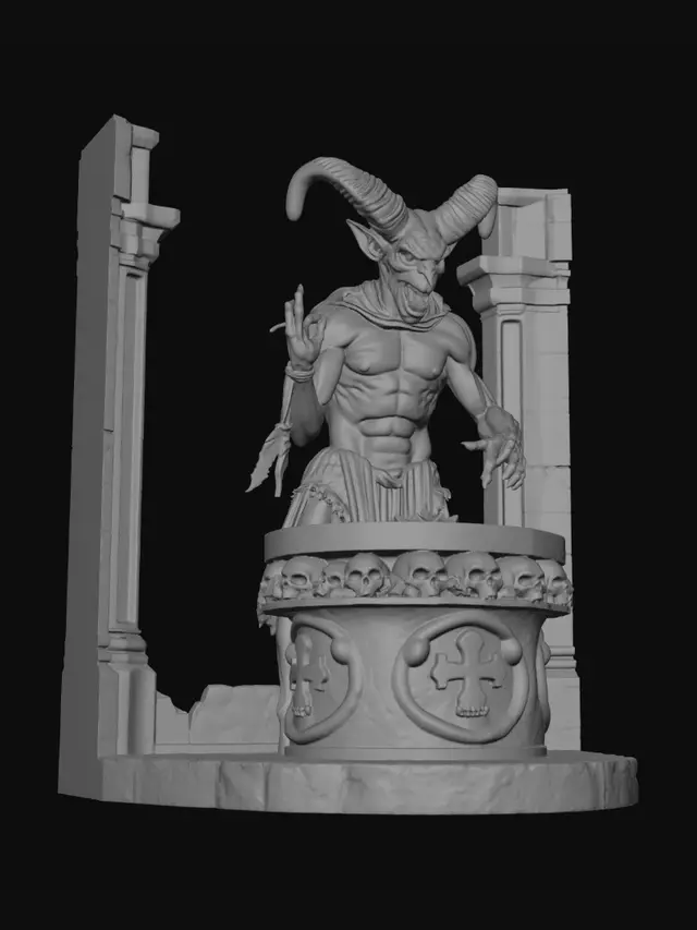 3D model for 3D printable dark fantasy horror statue of a grotesque devil performing an infernal ritual over a gothic stone altar in hell. The devil is muscular, horned, evil, with curled ram horns, leathery scarred skin, fangs, claws, long tail, and folded wings for print stability. On the altar lies an adult female ritual figure covered in torn ceremonial cloth and bindings, non-explicit. Base has skulls, bones, cracked stone, demonic runes, candles, lava cracks, and blood-like carved channels. Solid, watertight, manifold, stable resin print. No floating parts or thin fragile details.